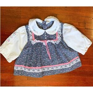 Vintage 70's Girl's White Lace Blue Floral Pink Scalloped Collar Shirt Dress 2T